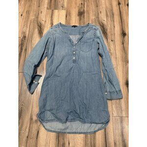 Express Womens LG Chambray Denim Tunic Top Long Sleeve Roll Tab Button-Up V-Neck
